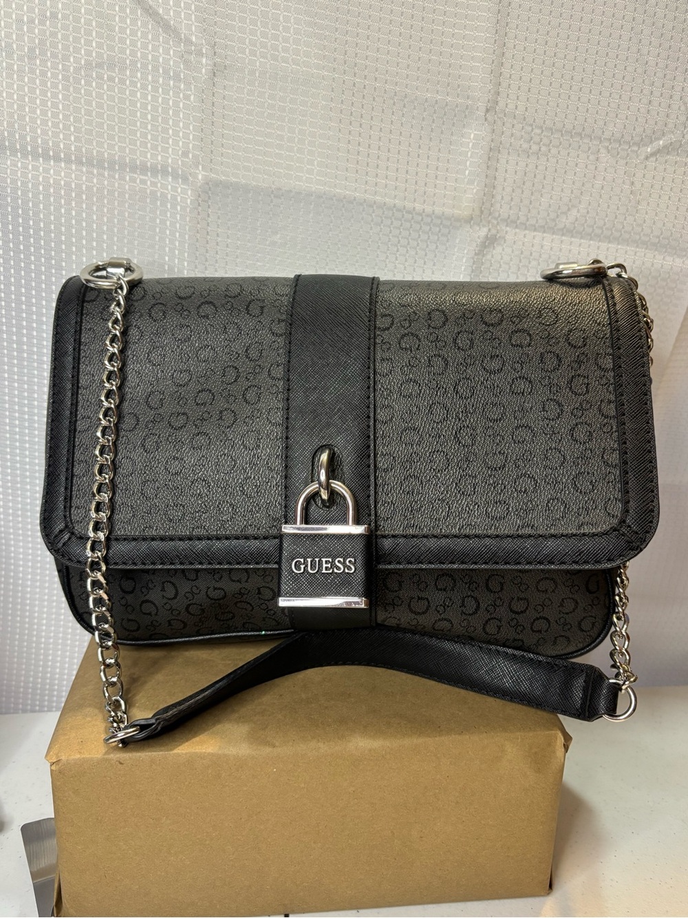 GUESS Black Logo-Print Chain Crossbody Bag